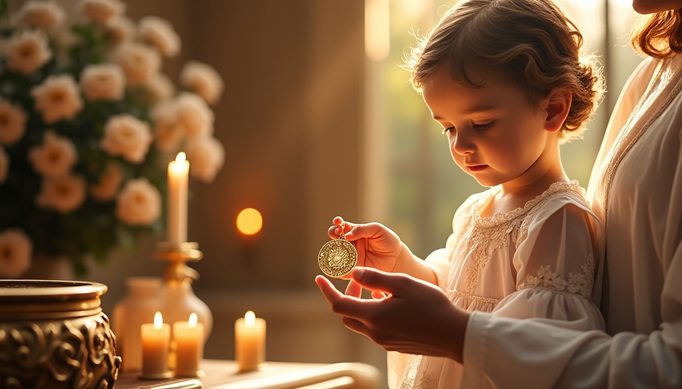 découvrez l'importance symbolique de la médaille religieuse lors des cérémonies de baptême et de communion. apprenez comment ce geste spirituel renforce les liens familiaux et marie tradition et foi.